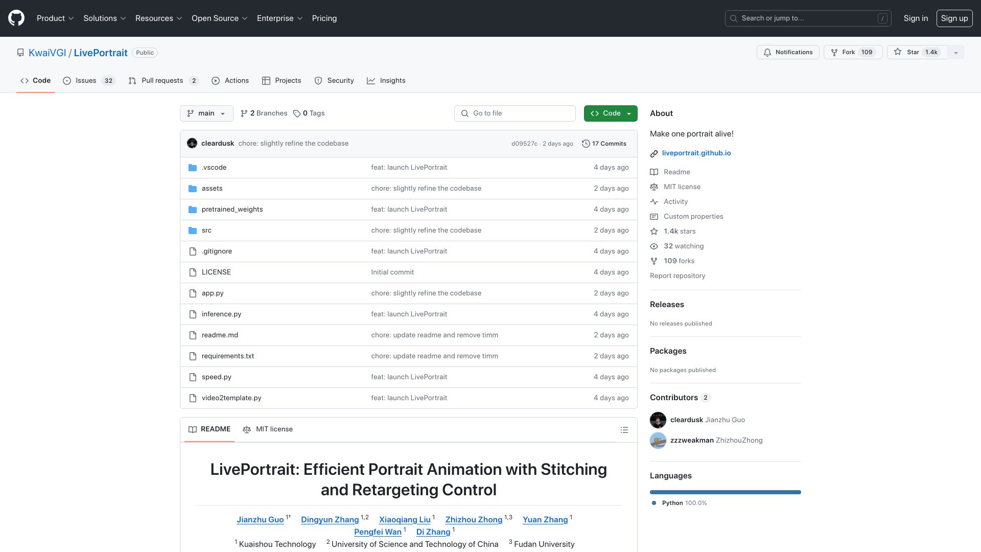 Screenshot of github.com: LivePortrait: A fast, controllable portrait animation model