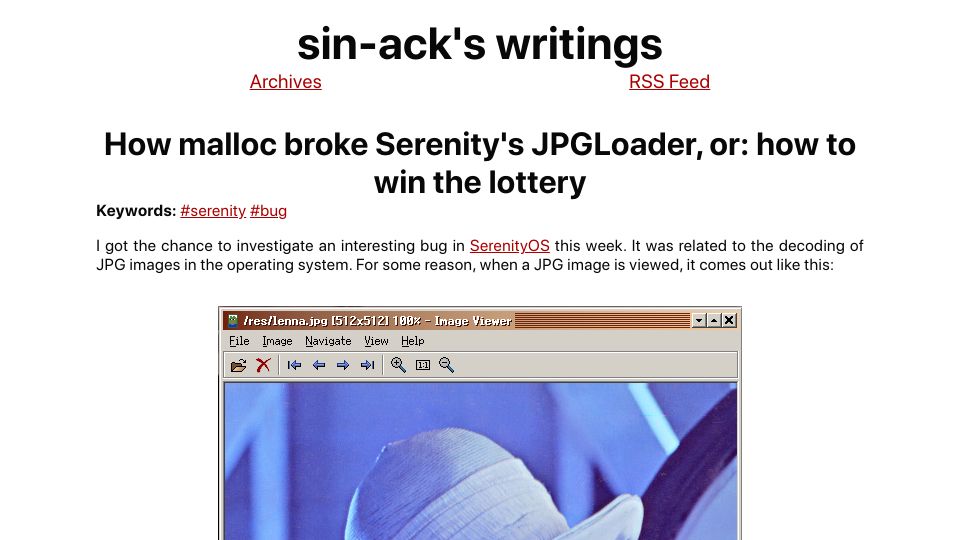 Screenshot of sin-ack.github.io: Malloc broke Serenity's JPGLoader, or: how to win the lottery (2021)