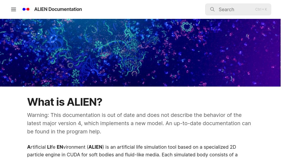 Screenshot of alien-project.gitbook.io: Artificial LIfe ENvironment (ALIEN) is an artificial life simulation tool