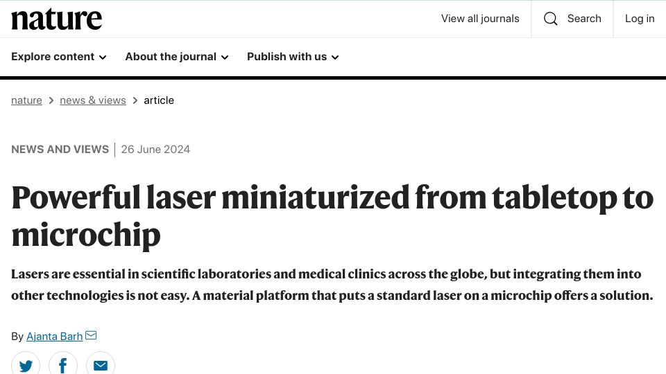 Screenshot of nature.com: Powerful laser miniaturized from tabletop to microchip