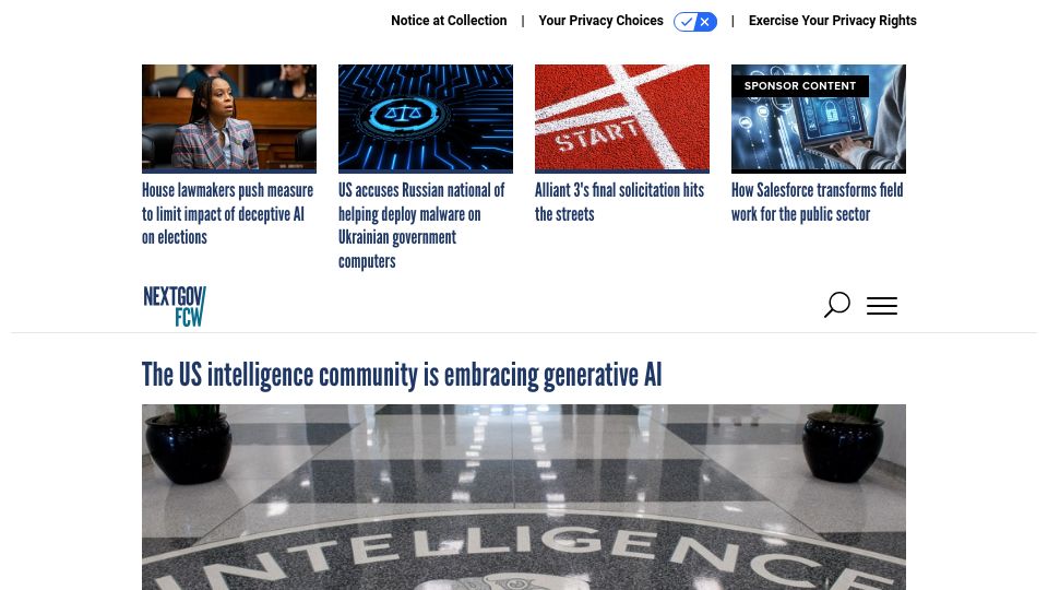 Screenshot of nextgov.com: US intelligence community is embracing generative AI