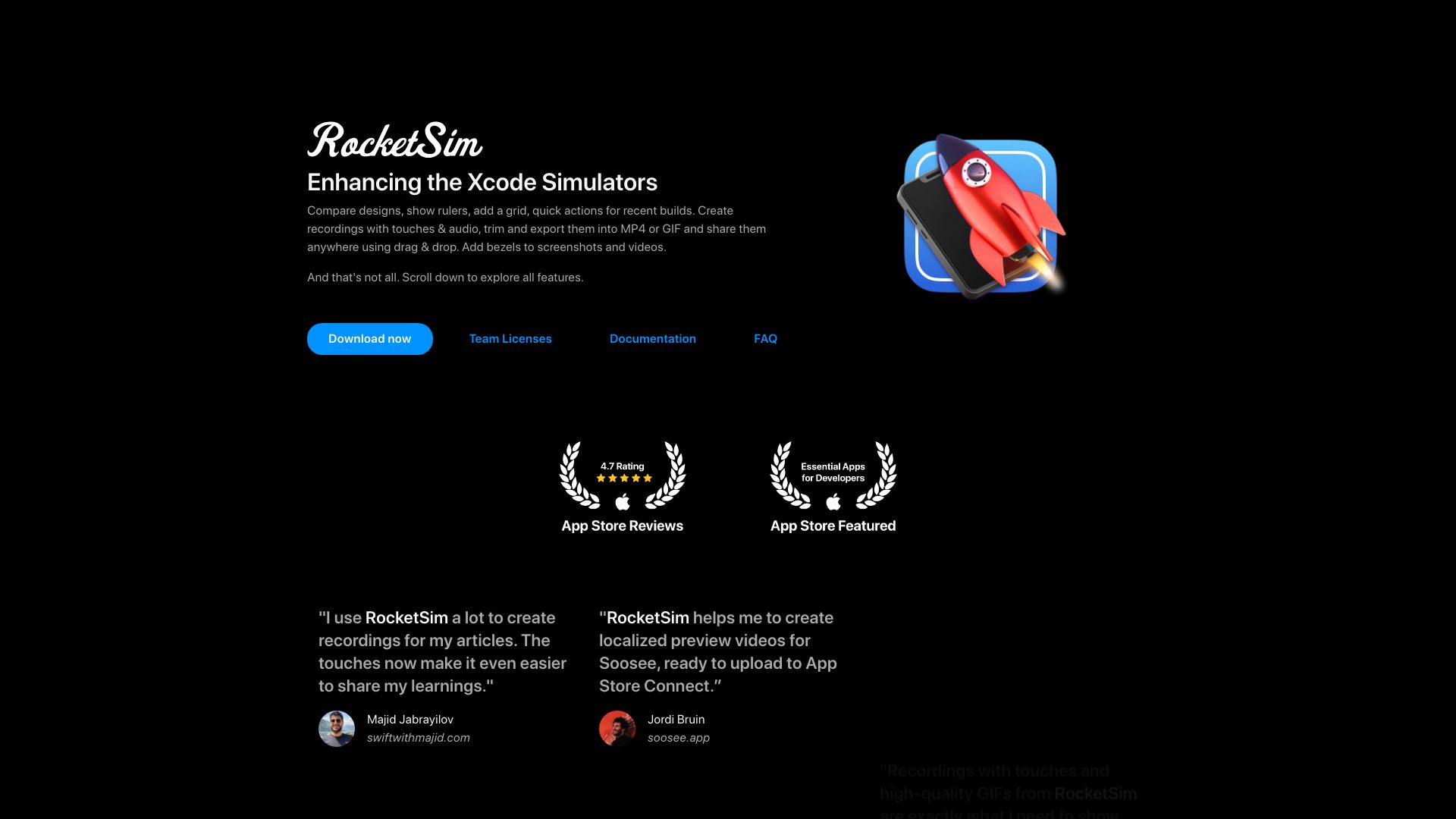 Screenshot of rocketsim.app: RocketSim enhances and records Xcode Simulators