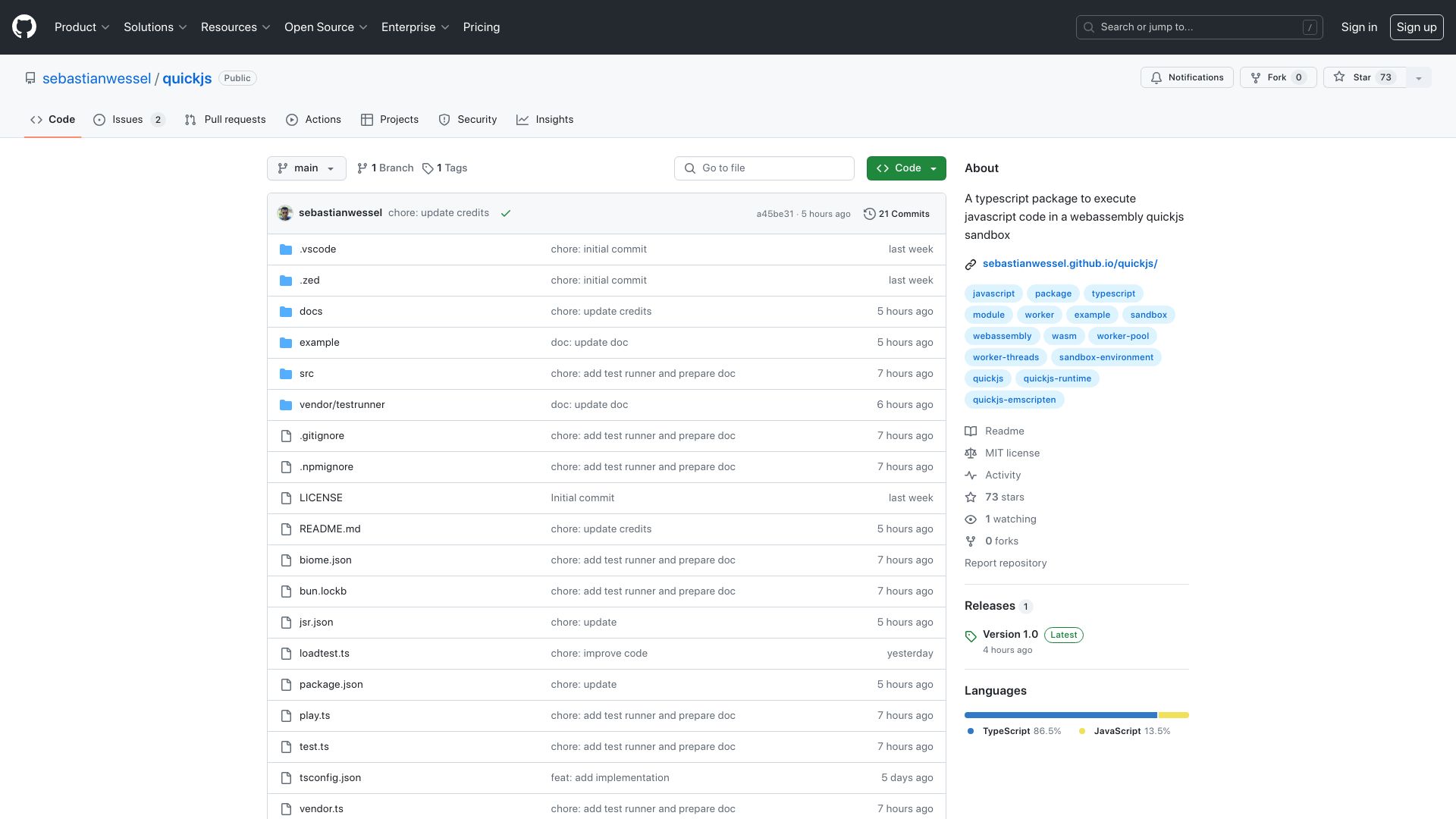 Screenshot of github.com: Show HN: Execute JavaScript in a WebAssembly QuickJS sandbox