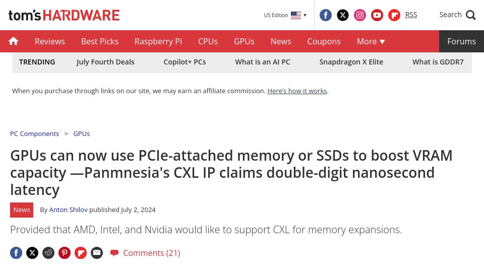Screenshot of tomshardware.com: GPUs can now use PCIe-attached memory or SSDs to boost VRAM capacity