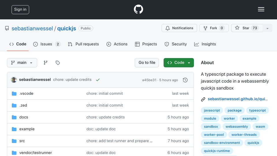 Screenshot of github.com: Show HN: Execute JavaScript in a WebAssembly QuickJS sandbox