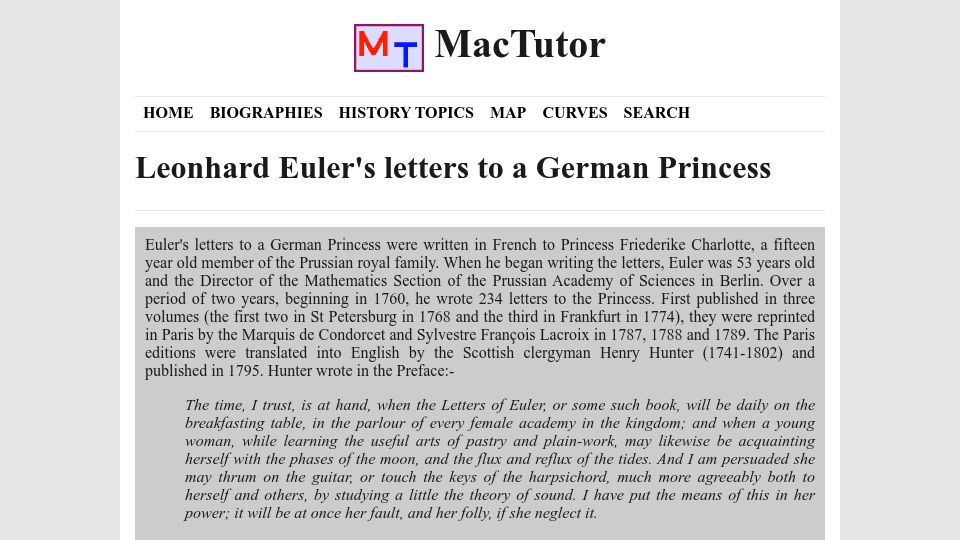 Screenshot of mathshistory.st-andrews.ac.uk: Leonhard Euler's Letters to a German Princess
