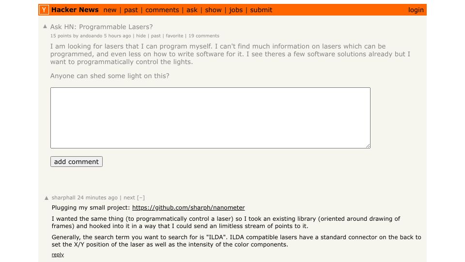 Screenshot of Hacker News post: Ask HN: Programmable Lasers?