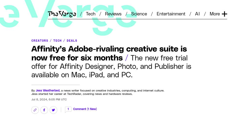 Screenshot of theverge.com: Affinity's Adobe-rivaling creative suite is now free for six months