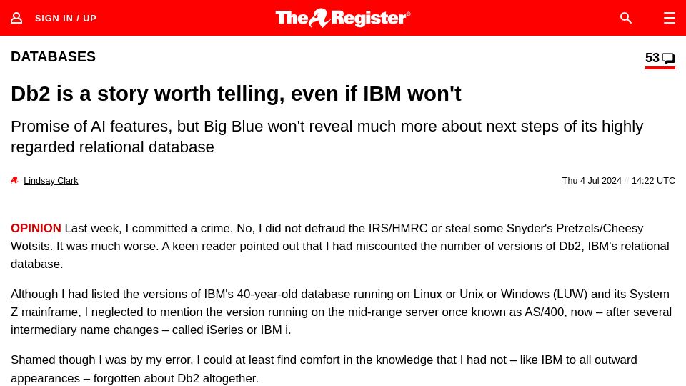 Screenshot of theregister.com: Db2 is a story worth telling, even if IBM won't