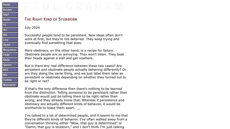 Screenshot of paulgraham.com: The Right Kind of Stubborn