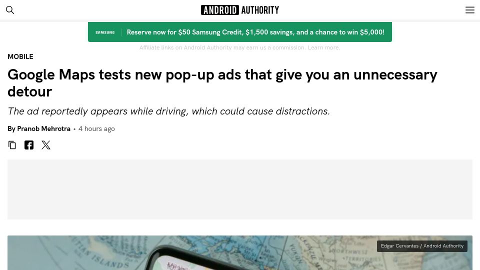 Screenshot of androidauthority.com: Google Maps tests new pop-up ads that give you an unnecessary detour