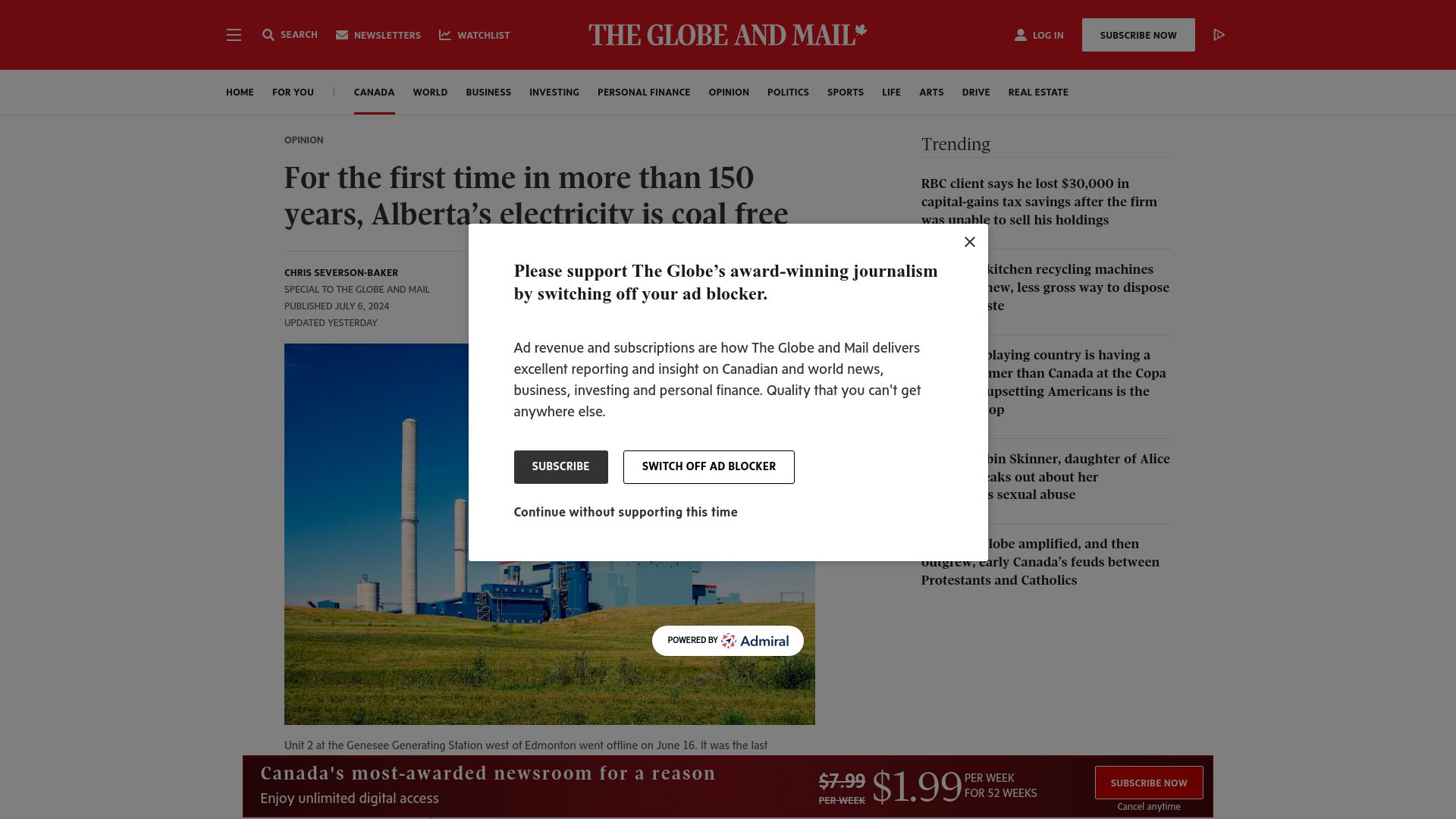 Screenshot of theglobeandmail.com: For the first time in more than 150 years, Alberta's electricity is coal free