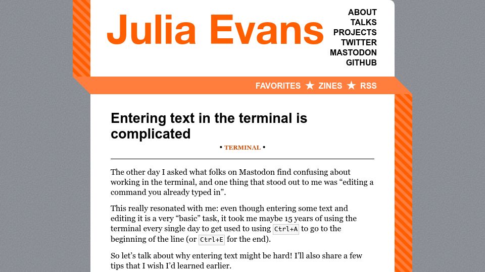 Screenshot of jvns.ca: Entering text in the terminal is complicated
