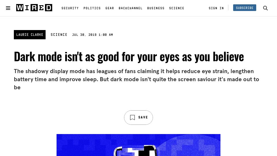 Screenshot of wired.com: Dark mode is not as good for your eyes as you believe