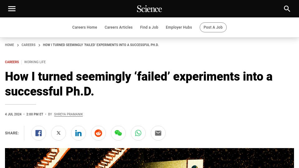 Screenshot of science.org: How I turned seemingly 'failed' experiments into a successful PhD