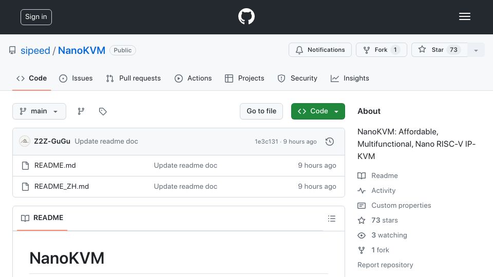 Screenshot of github.com: NanoKVM: Affordable, Multifunctional, Nano RISC-V IP-KVM