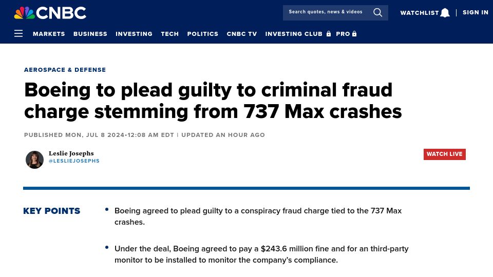 Screenshot of cnbc.com: Boeing to plead guilty to criminal fraud charge stemming from 737 MAX crashes