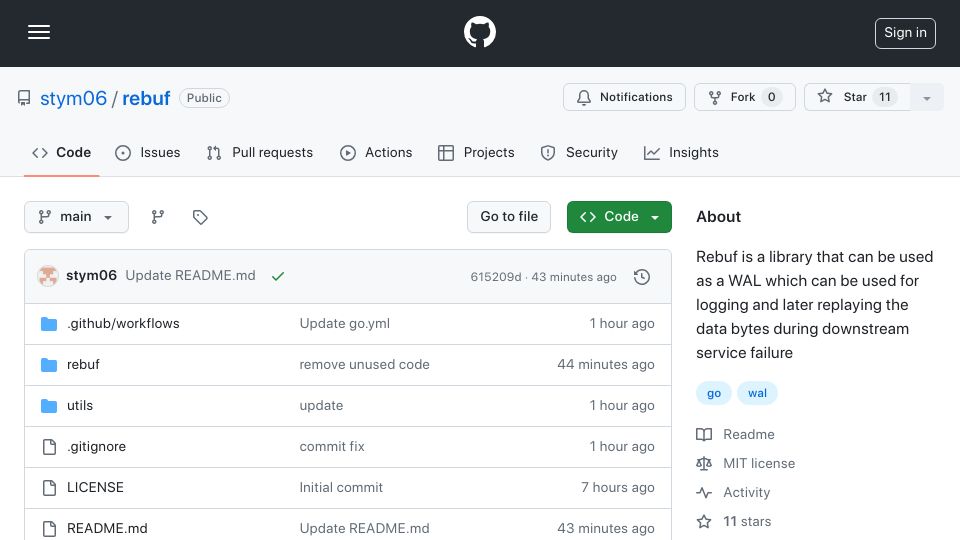 Screenshot of github.com: Show HN: WAL Implementation in Golang