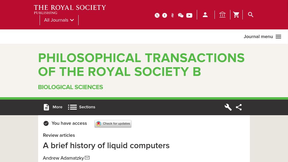 Screenshot of royalsocietypublishing.org: A brief history of liquid computers (2019)