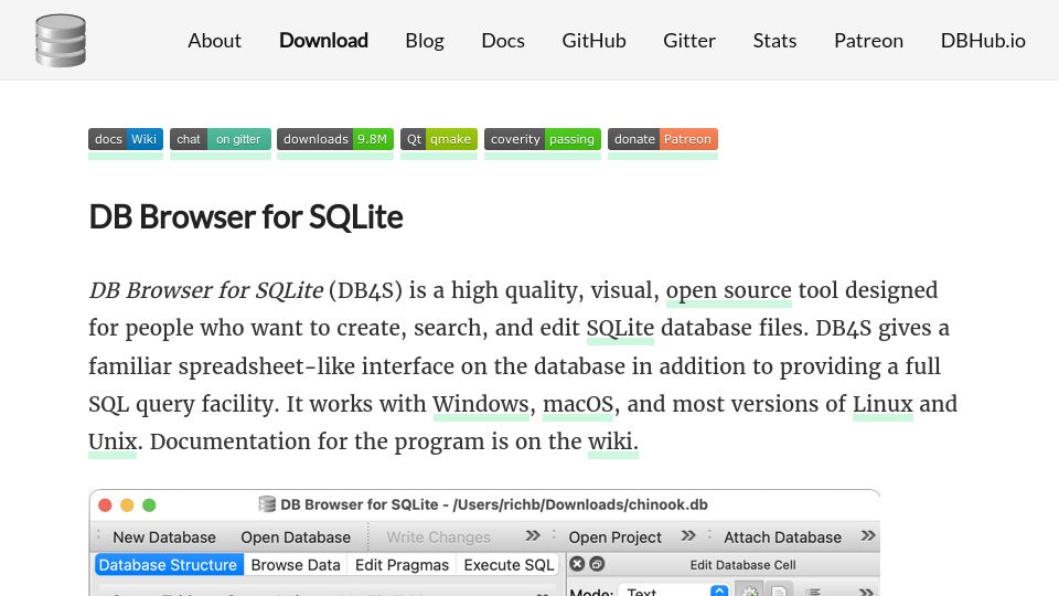 Screenshot of sqlitebrowser.org: DB Browser for SQLite (Windows, macOS, and Most Versions of Linux)