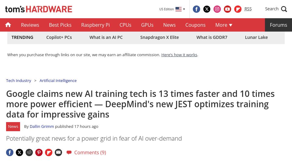 Screenshot of tomshardware.com: Google claims new AI training tech is 13x faster, 10x more power efficient