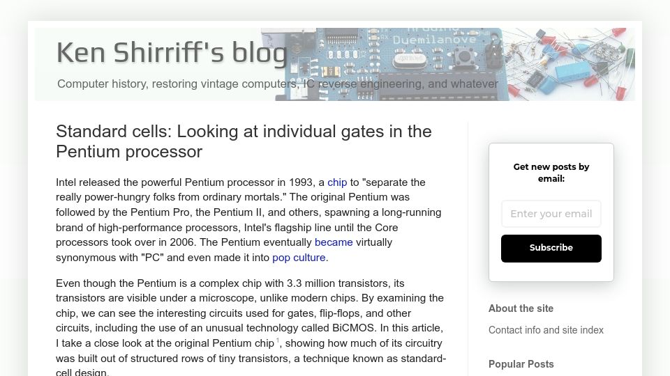 Screenshot of righto.com: Standard cells: Looking at individual gates in the Pentium processor