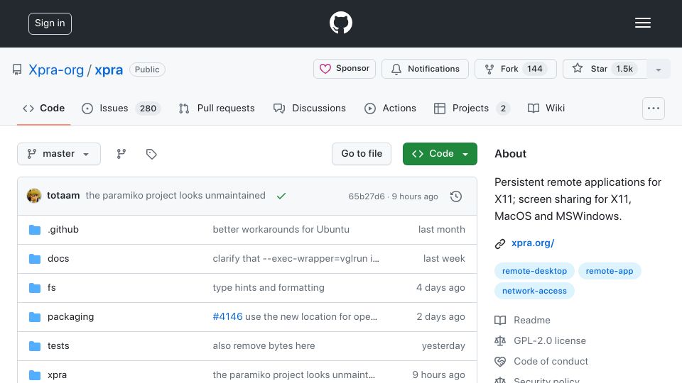 Screenshot of github.com: Xpra: Persistent Remote Applications for X11