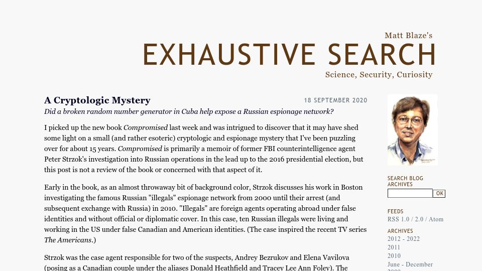 Screenshot of mattblaze.org: Did a broken random number generator in Cuba help expose an espionage network? (2020)