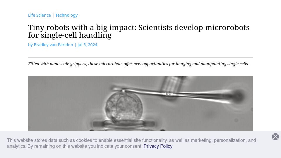 Screenshot of advancedsciencenews.com: Tiny robots with a big impact: microrobots for single-cell handling