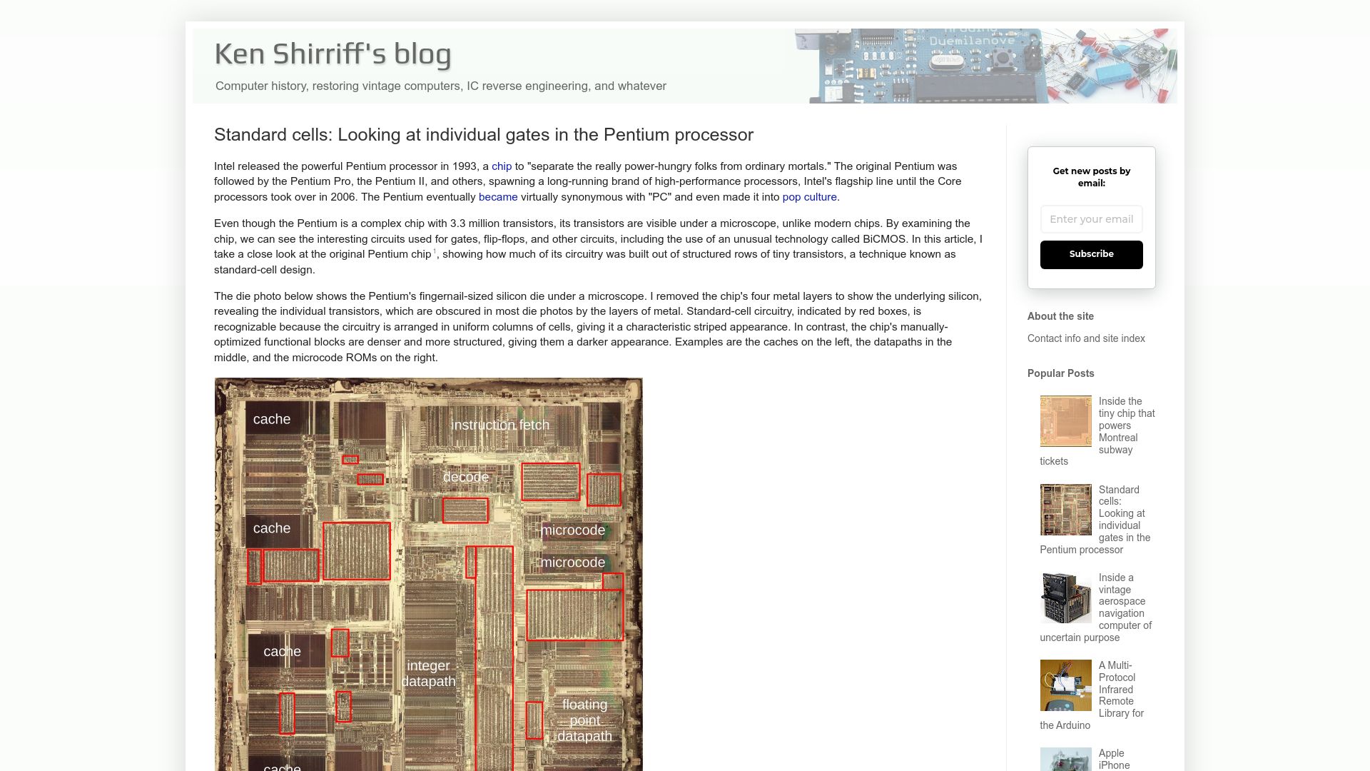 Screenshot of righto.com: Standard cells: Looking at individual gates in the Pentium processor