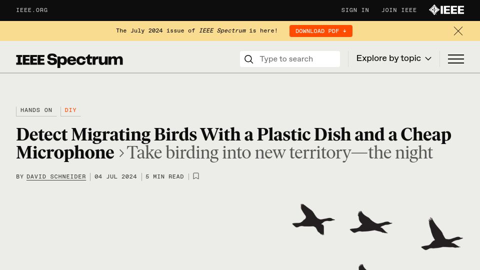 Screenshot of spectrum.ieee.org: Detect Migrating Birds with a Plastic Dish and a Cheap Microphone