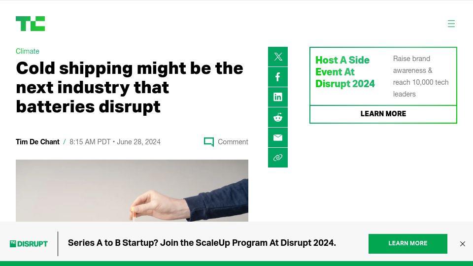 Screenshot of techcrunch.com: Cold shipping might be the next industry that batteries disrupt