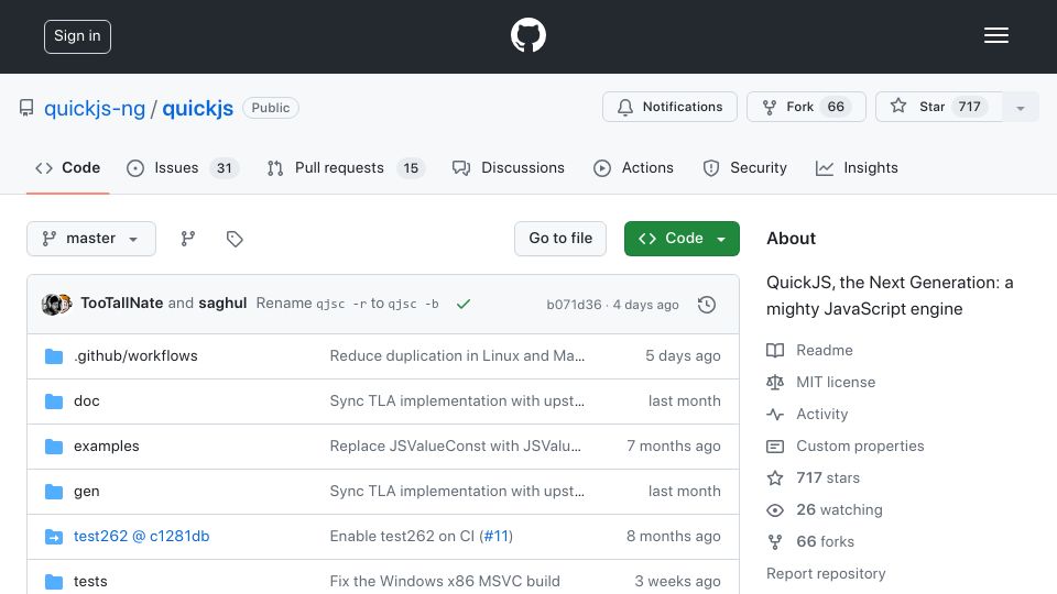 Screenshot of github.com: QuickJS, the Next Generation: a mighty JavaScript engine