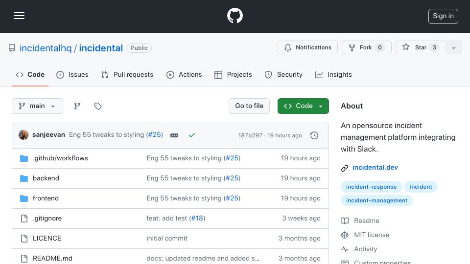 Screenshot of github.com: Show HN: I am building an open-source incident management platform