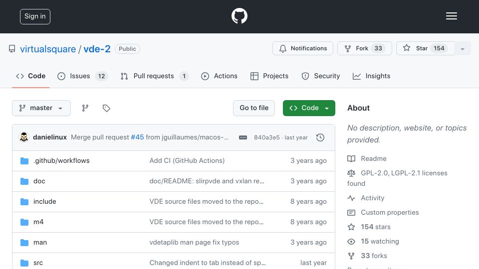 Screenshot of github.com: VDEv2: Virtual Distributed Ethernet