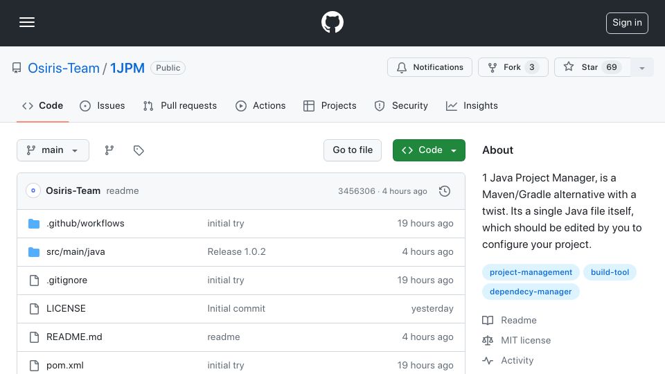 Screenshot of github.com: 1JPM: A Maven/Gradle alternative in a single Java file
