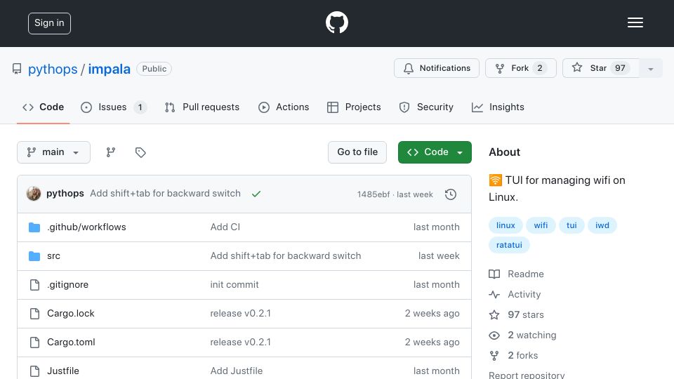 Screenshot of github.com: TUI for Managing WiFi on Linux