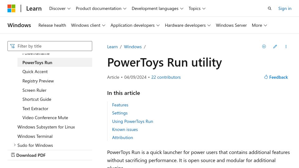 Screenshot of learn.microsoft.com: PowerToys Run: extensible quick launcher for power users