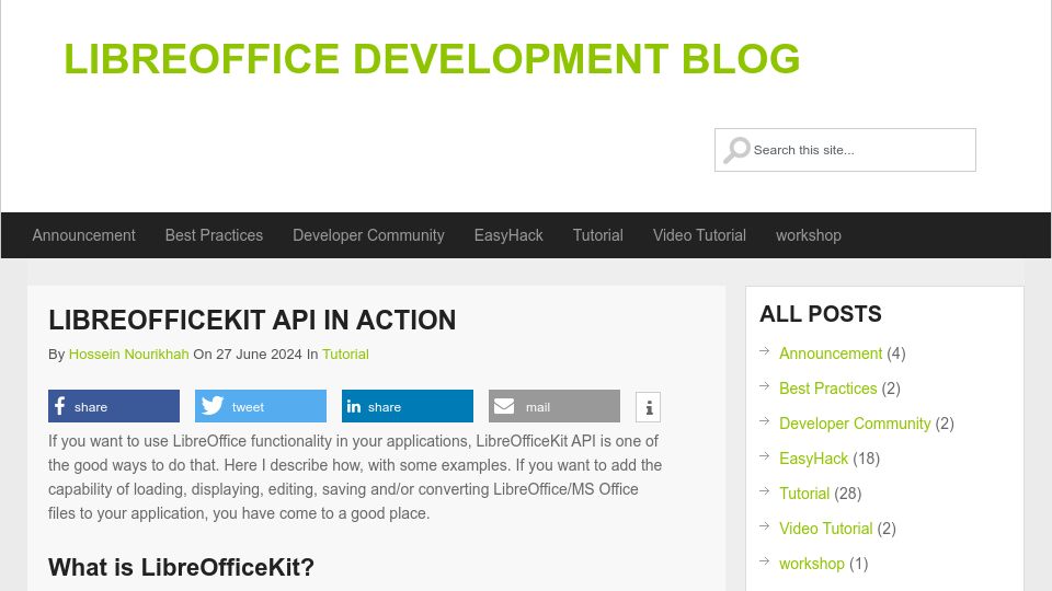 Screenshot of dev.blog.documentfoundation.org: LibreOfficeKit API in action: new API to access LibreOffice functionalities