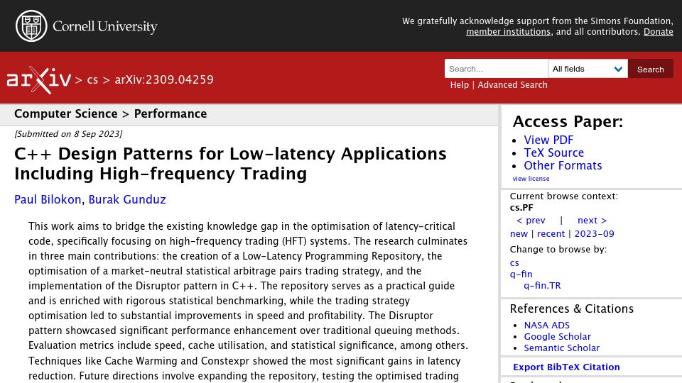 Screenshot of arxiv.org: C++ patterns for low-latency applications including high-frequency trading