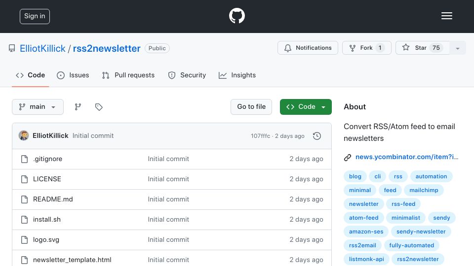 Screenshot of github.com: Show HN: I made an open source Mailchimp RSS-to-Email alternative