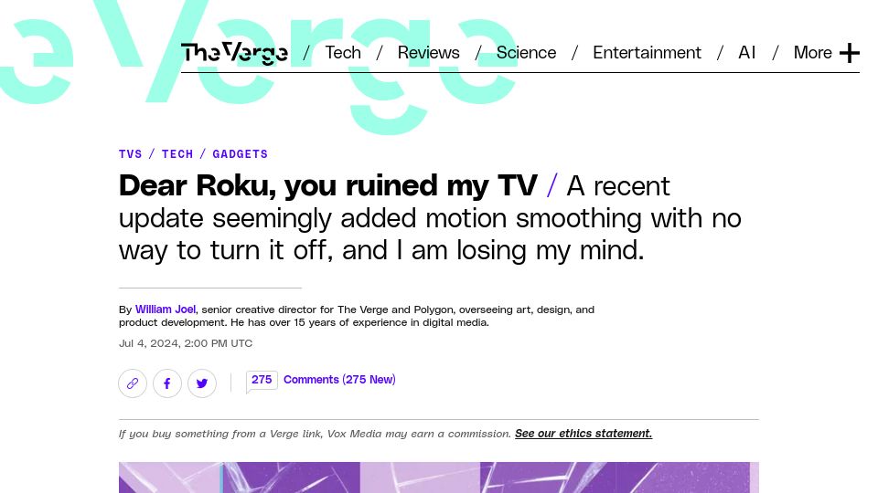 Screenshot of theverge.com: Dear Roku, you ruined my TV