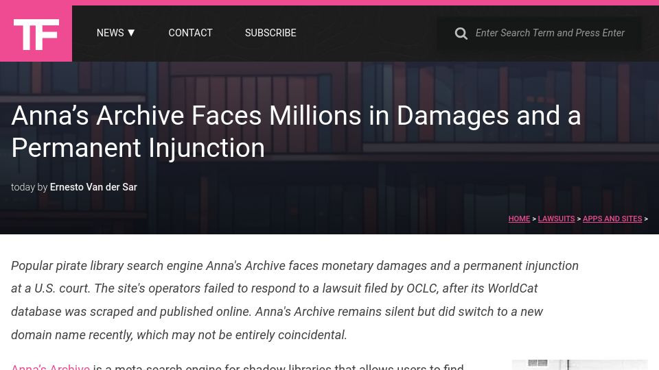 Screenshot of torrentfreak.com: Anna's Archive Faces Millions in Damages and a Permanent Injunction