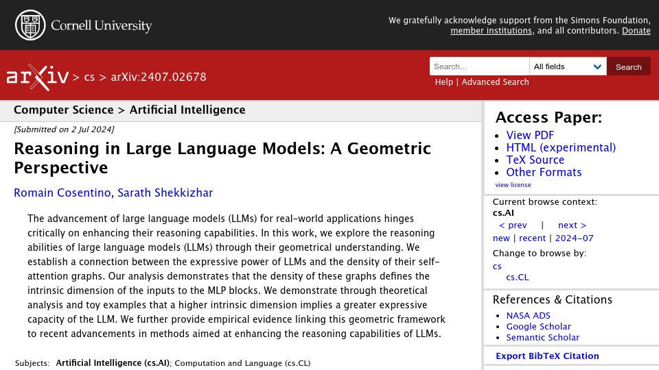 Screenshot of arxiv.org: Reasoning in Large Language Models: A Geometric Perspective