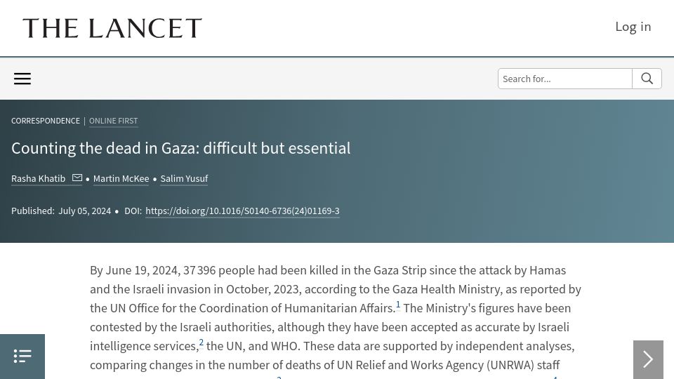 Screenshot of thelancet.com: The Lancet: Counting the Dead in Gaza