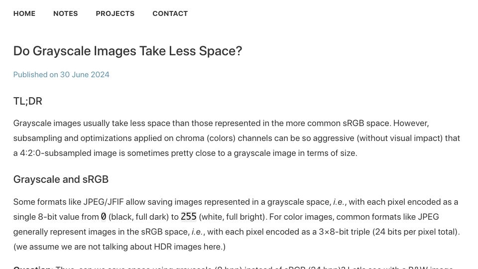 Screenshot of lu.sagebl.eu: Do grayscale images take less space?