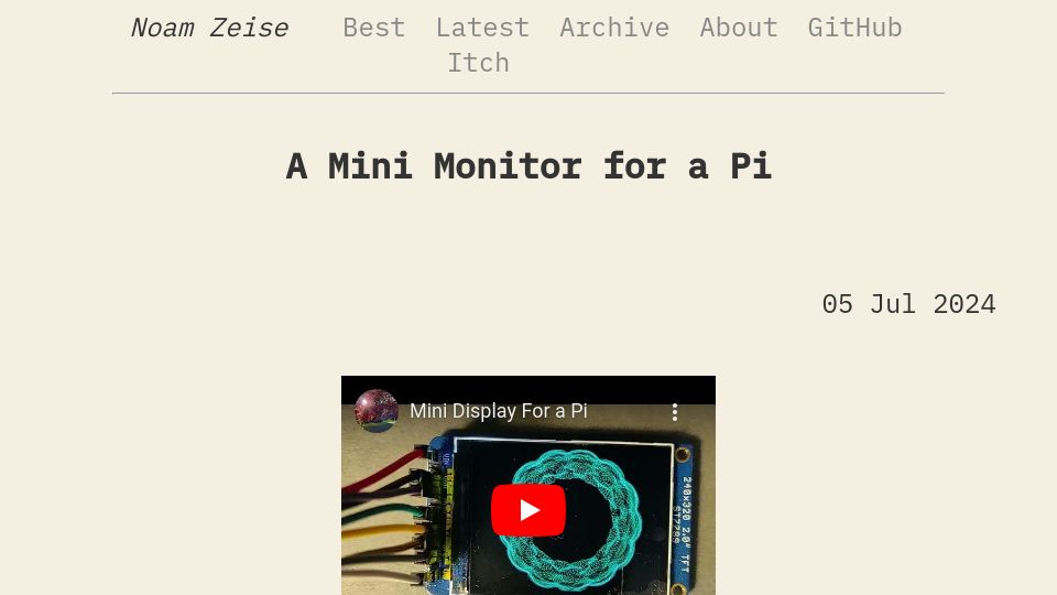 Screenshot of noamzeise.com: A Mini Monitor for a Pi