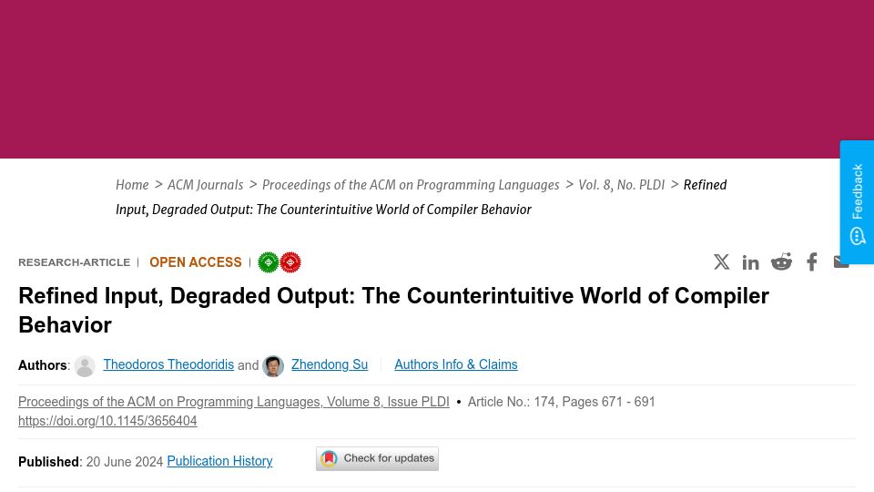 Screenshot of dl.acm.org: Refined Input, Degraded Output: The Counterintuitive World of Compiler Behavior