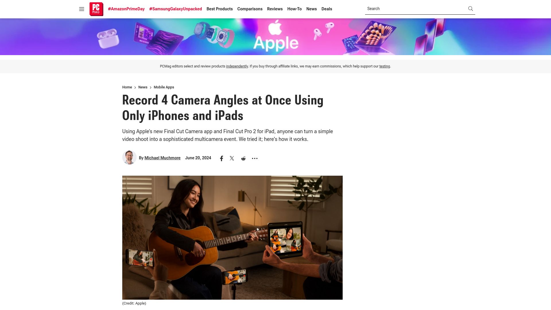 Screenshot of pcmag.com: Record 4 Camera Angles at Once Using Only iPhones and iPads
