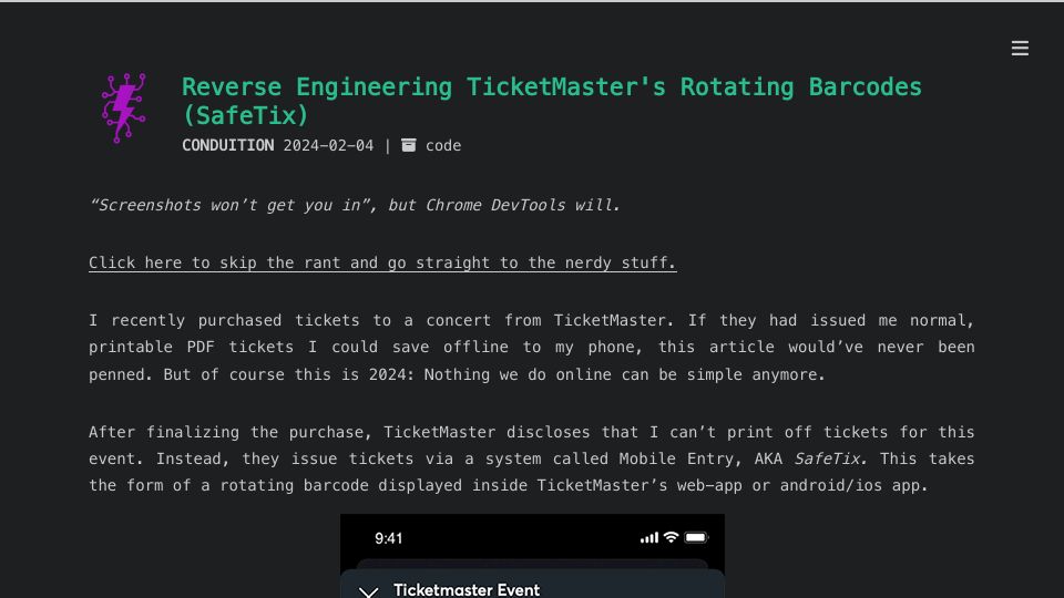 Screenshot of conduition.io: Reverse engineering Ticketmaster's rotating barcodes